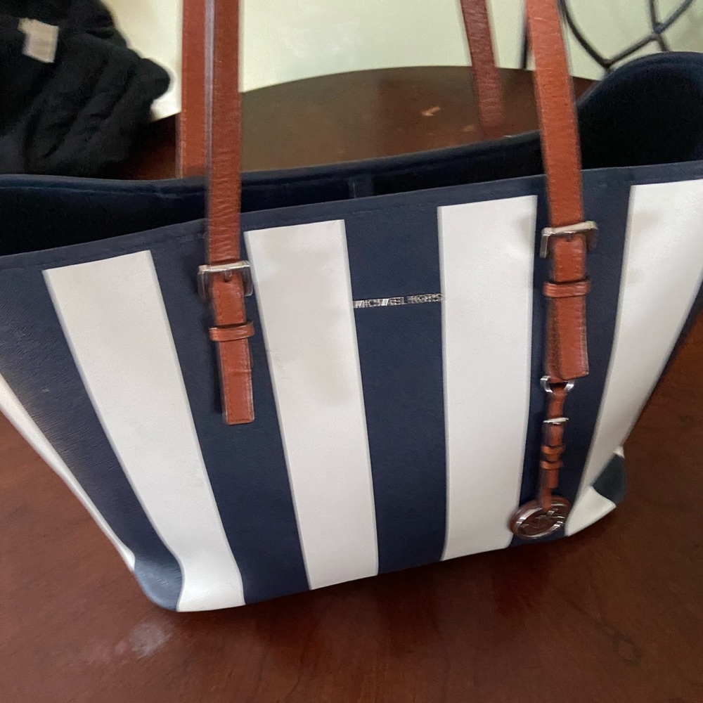 Blue and white Michael Kors tote